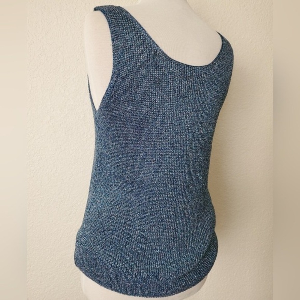 Vintage 90s Blue Crochet Knit Tank Christine Phillipe Sleeveless Shimmer Top M - Picture 5 of 14